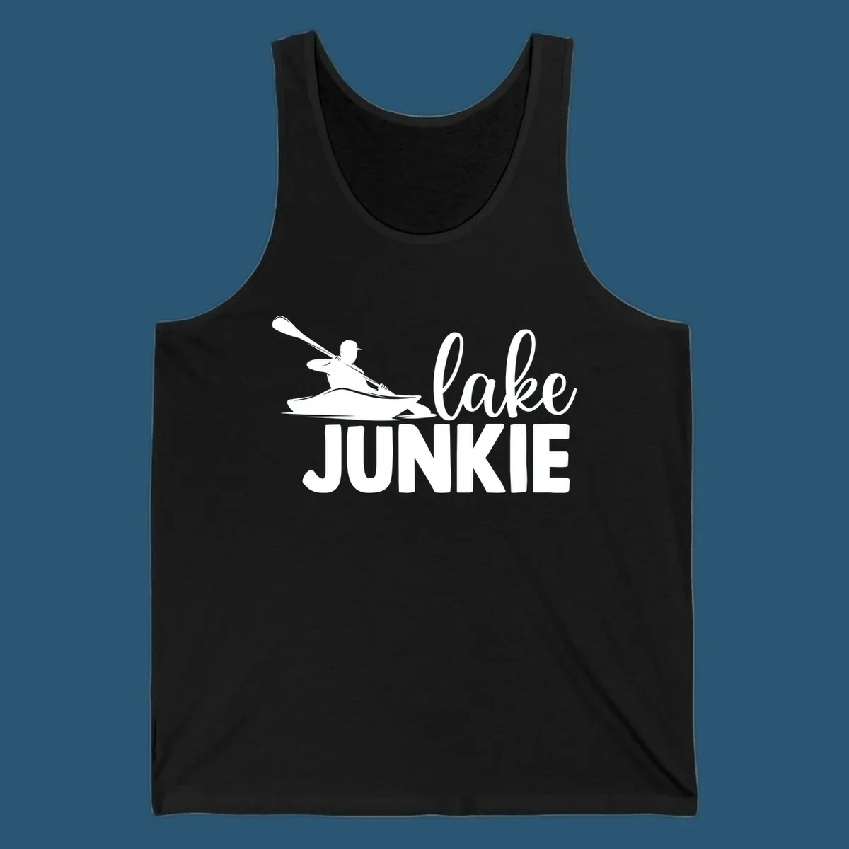 Lake junkie kayak silhouette design with script and block text. lake-junkie-kayak.