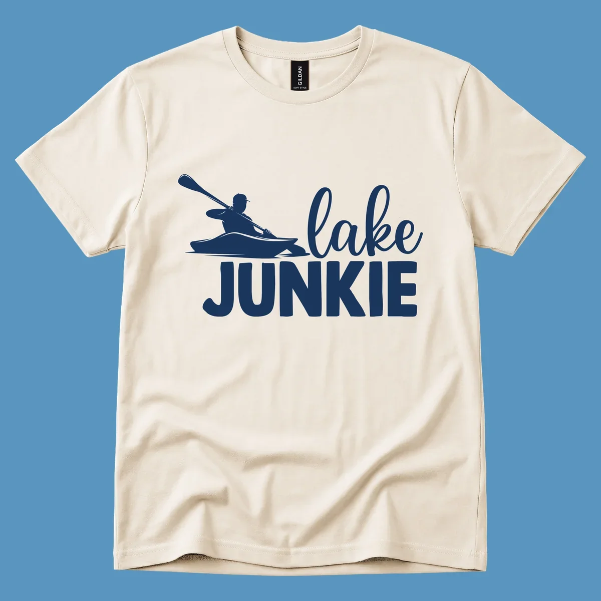 Lake junkie kayak silhouette design with script and block text. lake-junkie-kayak.