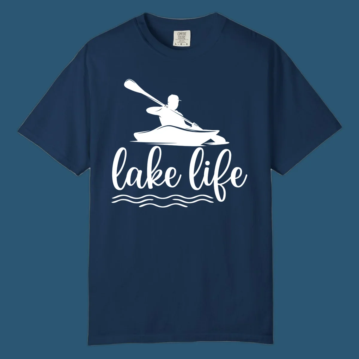 Silhouette of a person kayaking with paddle and 'lake life' text, representing lake-life-kayaking.