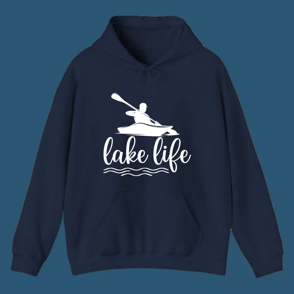 Silhouette of a person kayaking with paddle and 'lake life' text, representing lake-life-kayaking.