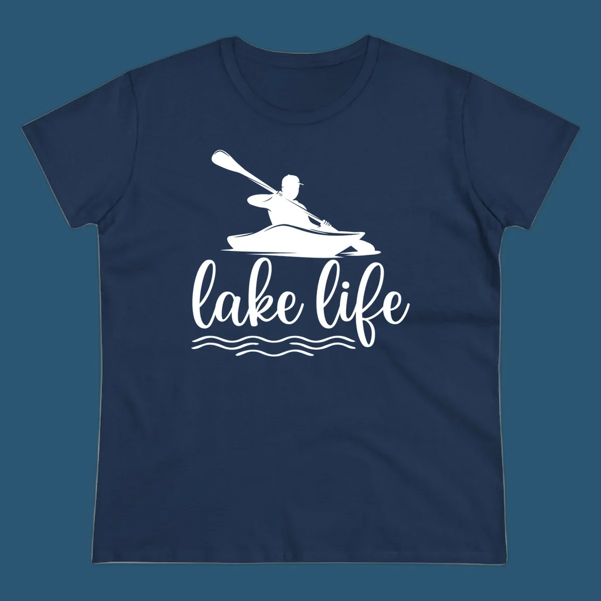 Silhouette of a person kayaking with paddle and 'lake life' text, representing lake-life-kayaking.