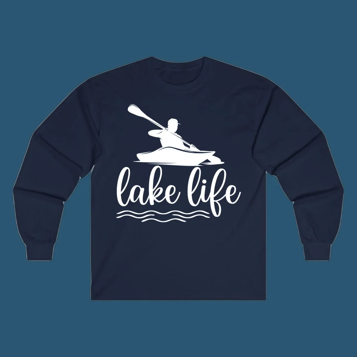 Silhouette of a person kayaking with paddle and 'lake life' text, representing lake-life-kayaking.