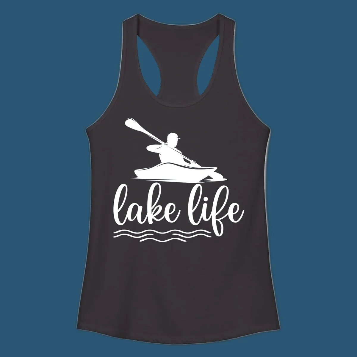 Silhouette of a person kayaking with paddle and 'lake life' text, representing lake-life-kayaking.