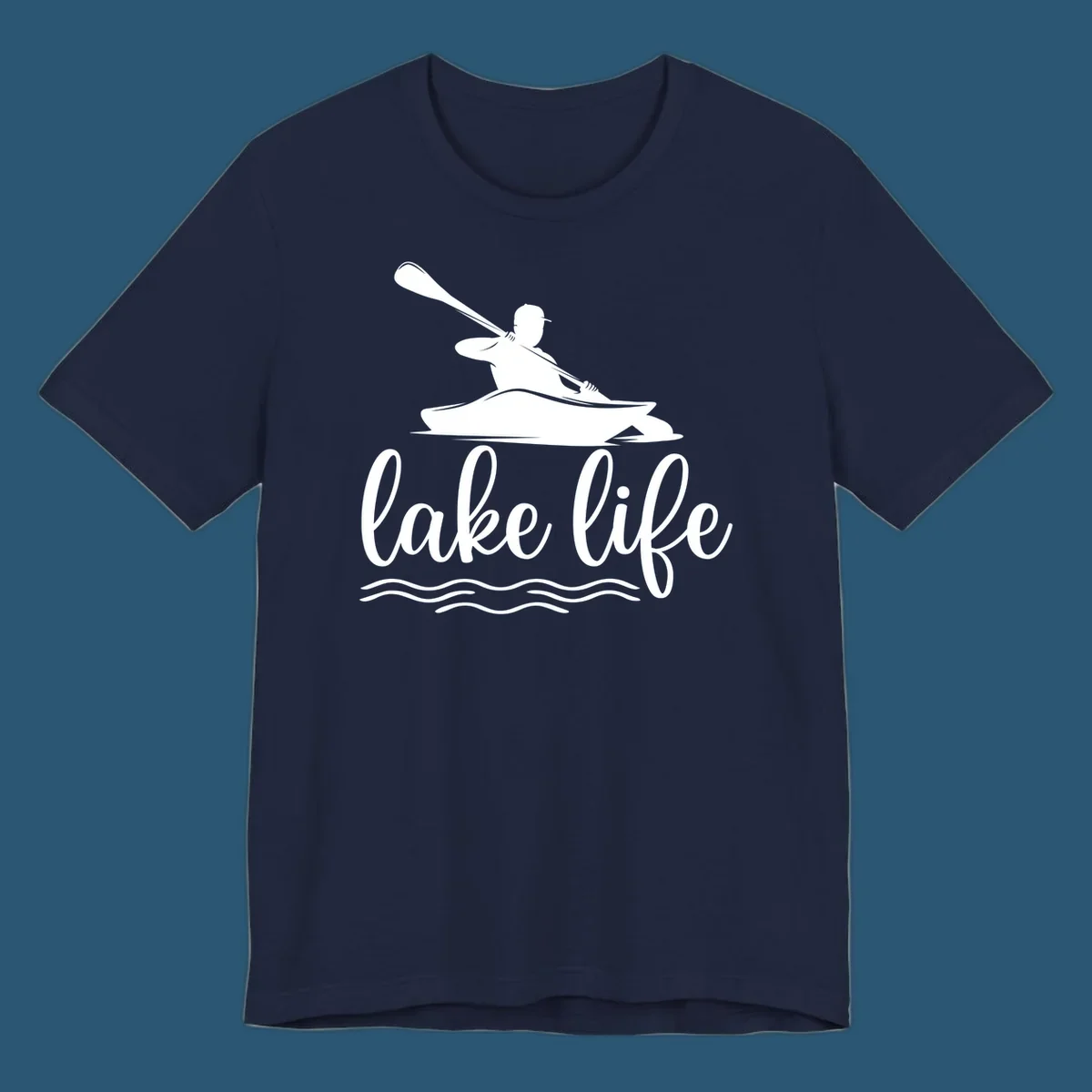 Silhouette of a person kayaking with paddle and 'lake life' text, representing lake-life-kayaking.