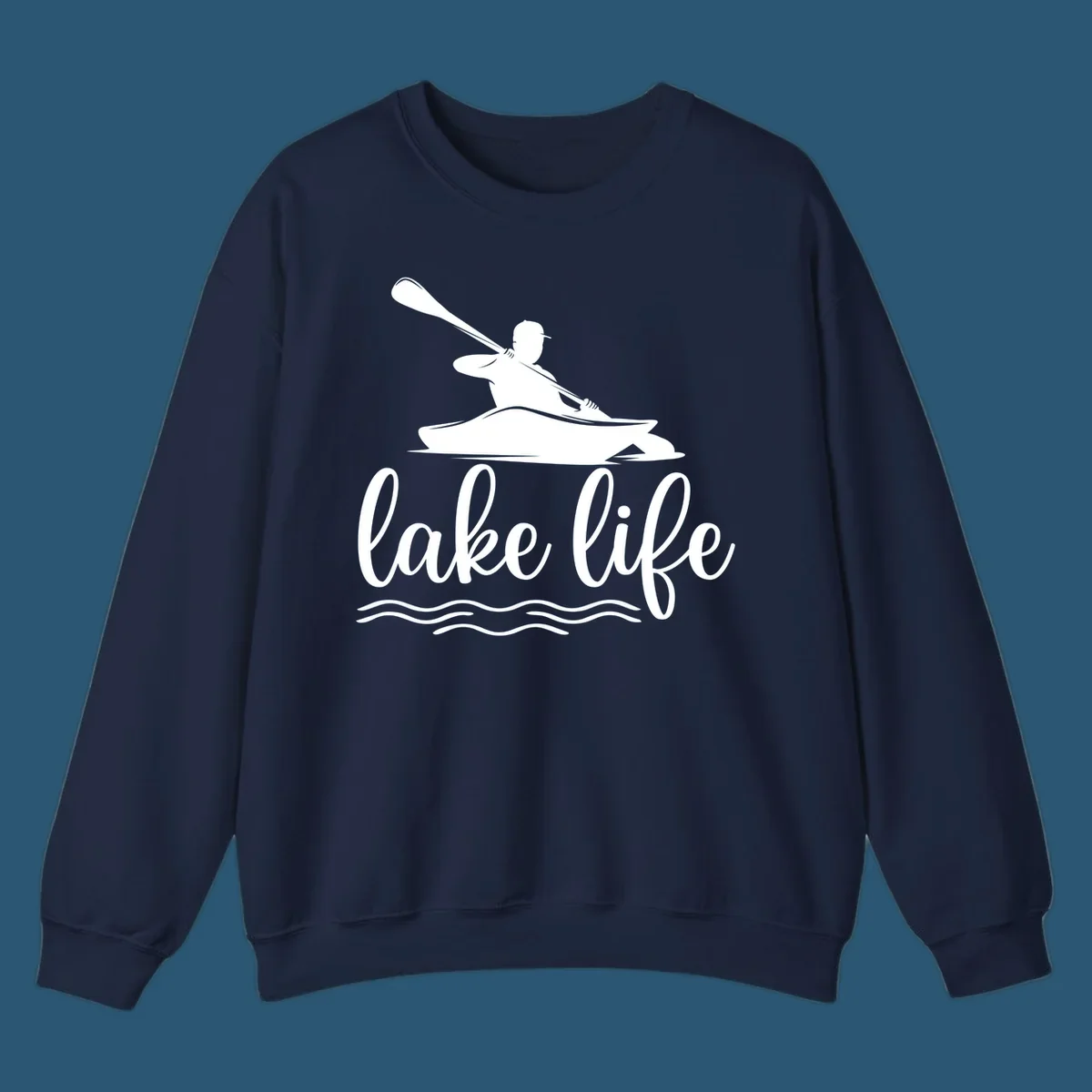 Silhouette of a person kayaking with paddle and 'lake life' text, representing lake-life-kayaking.