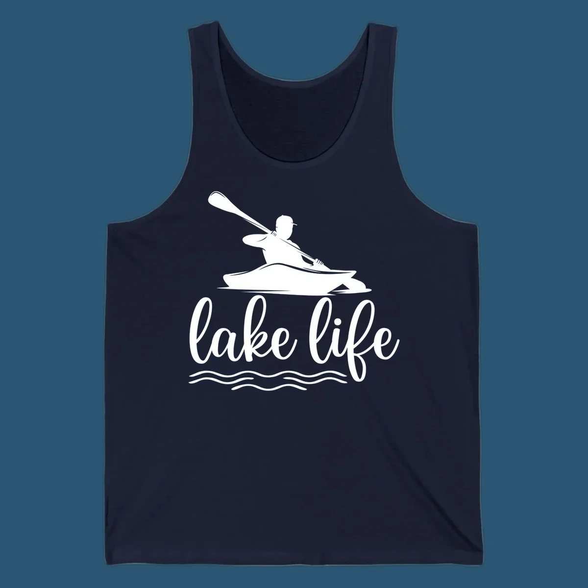 Silhouette of a person kayaking with paddle and 'lake life' text, representing lake-life-kayaking.