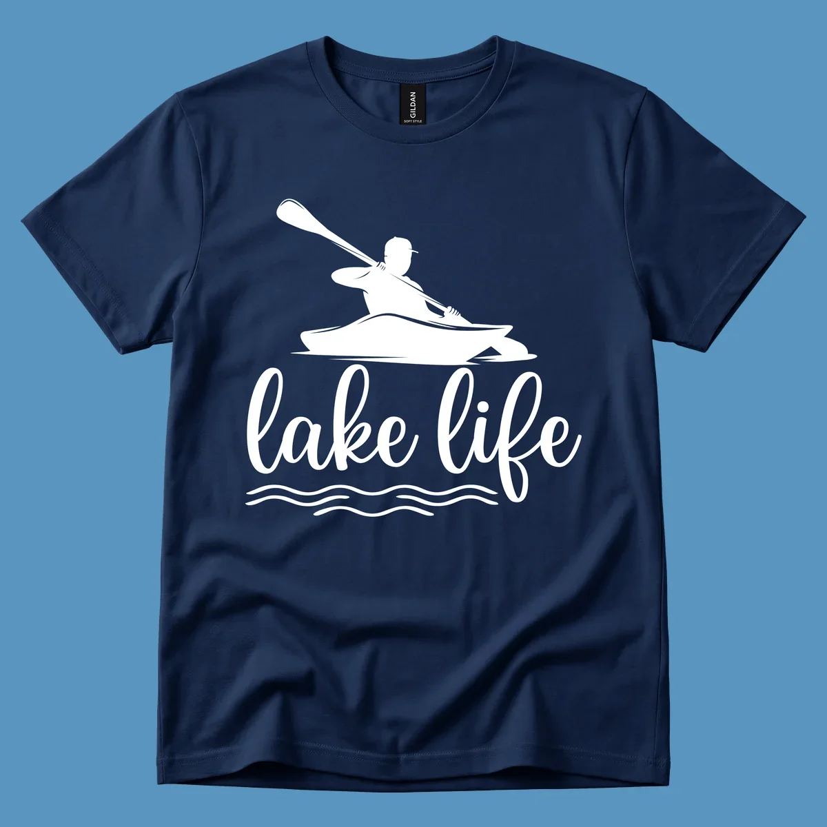 Silhouette of a person kayaking with paddle and 'lake life' text, representing lake-life-kayaking.
