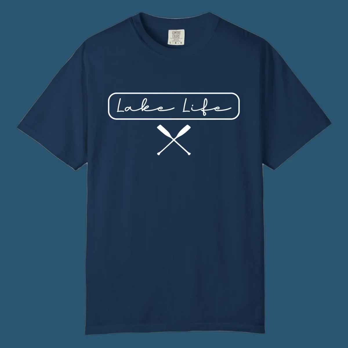 Lake Life text with crossed oars graphic.