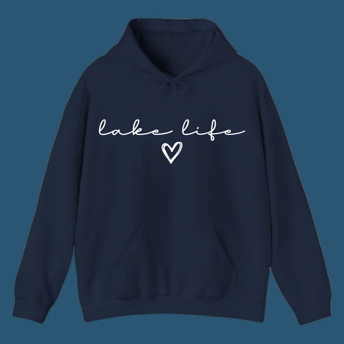 Lake life text with a heart graphic, in white and navy.
