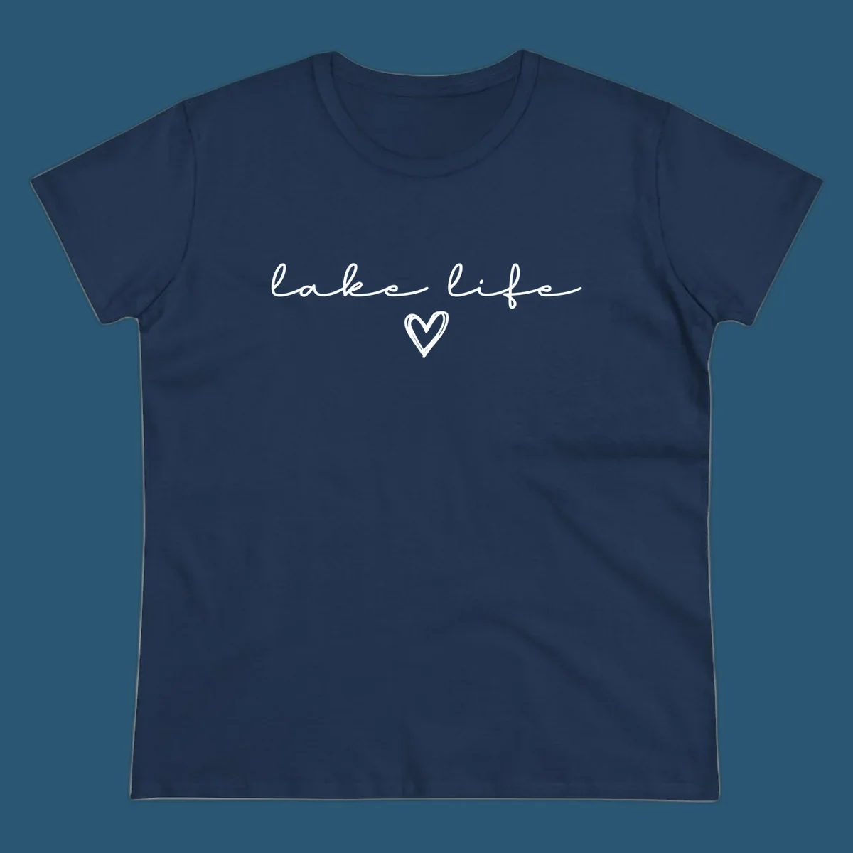 Lake life text with a heart graphic, in white and navy.