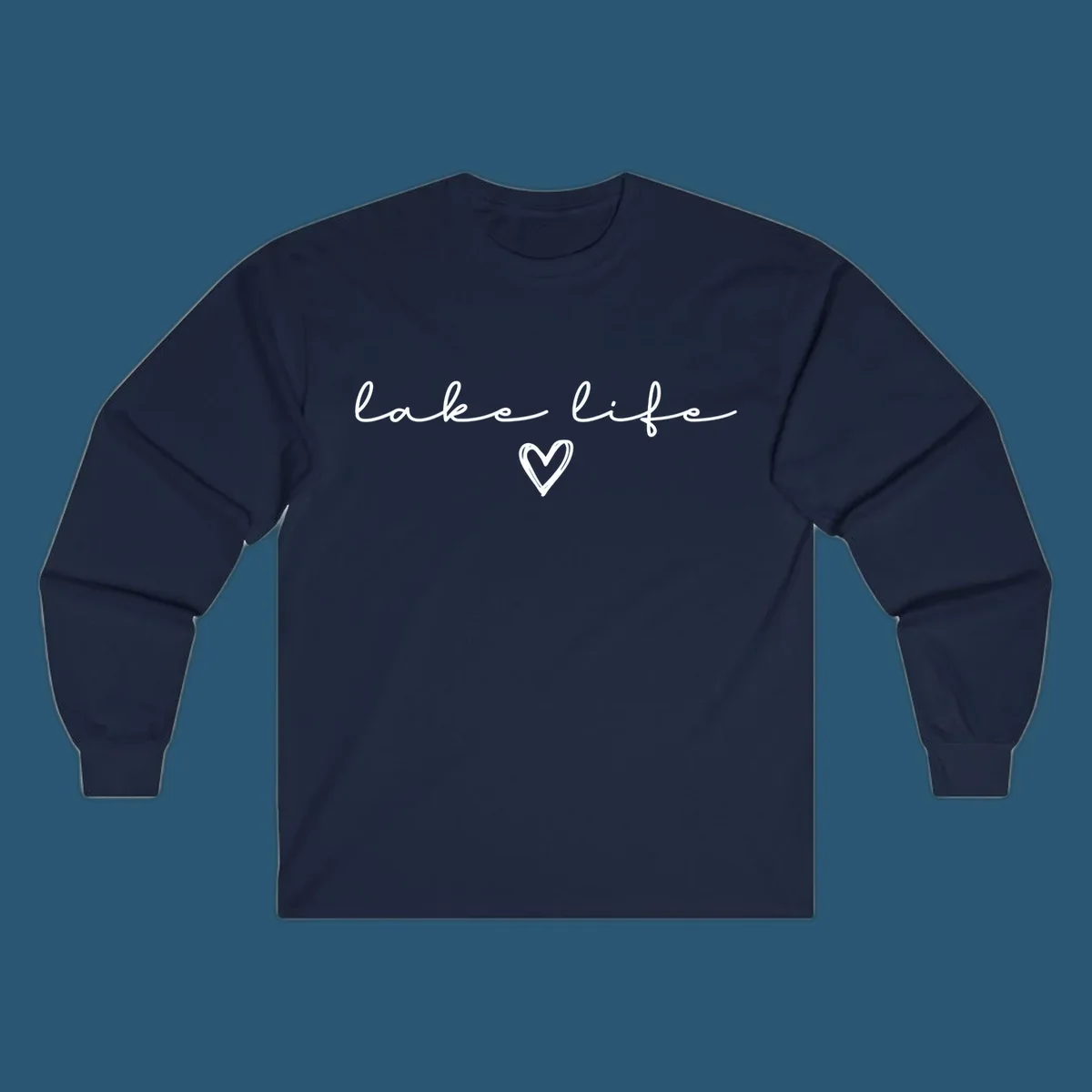 Lake life text with a heart graphic, in white and navy.