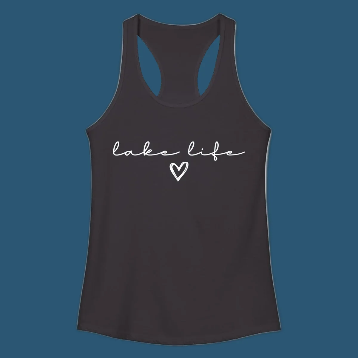 Lake life text with a heart graphic, in white and navy.