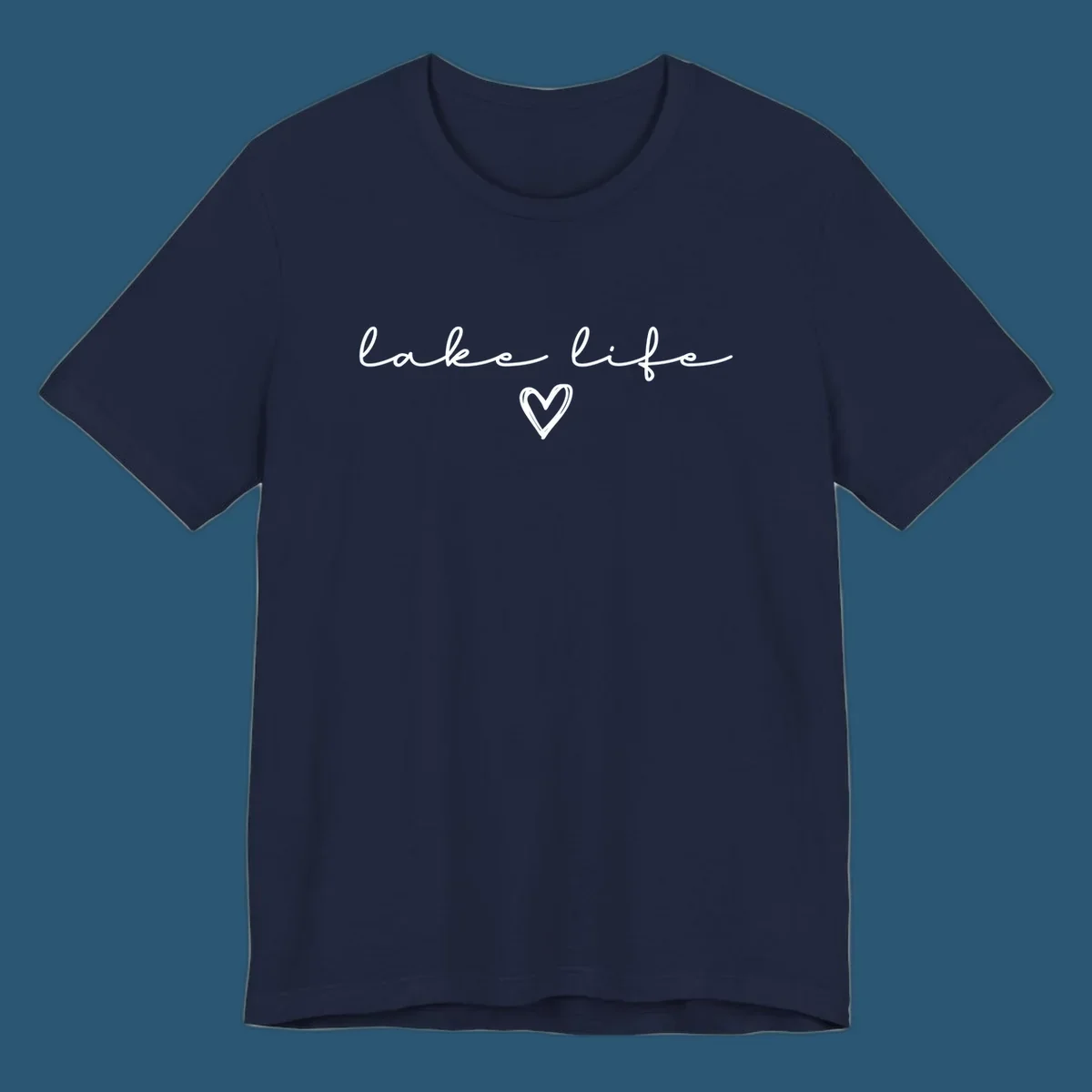 Lake life text with a heart graphic, in white and navy.