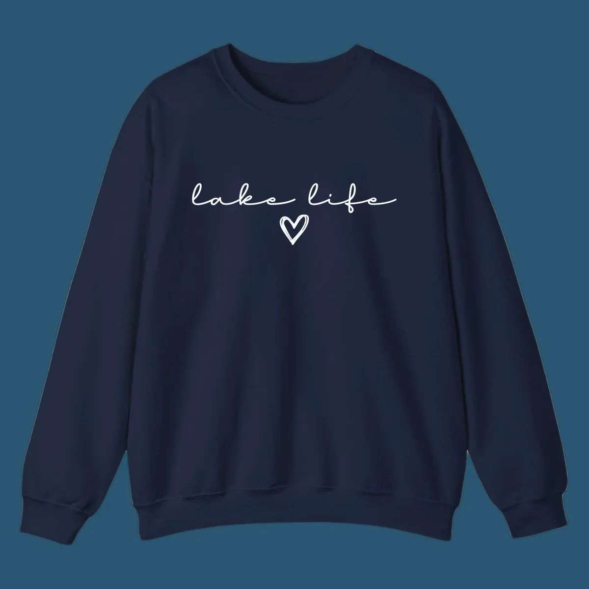 Lake life text with a heart graphic, in white and navy.