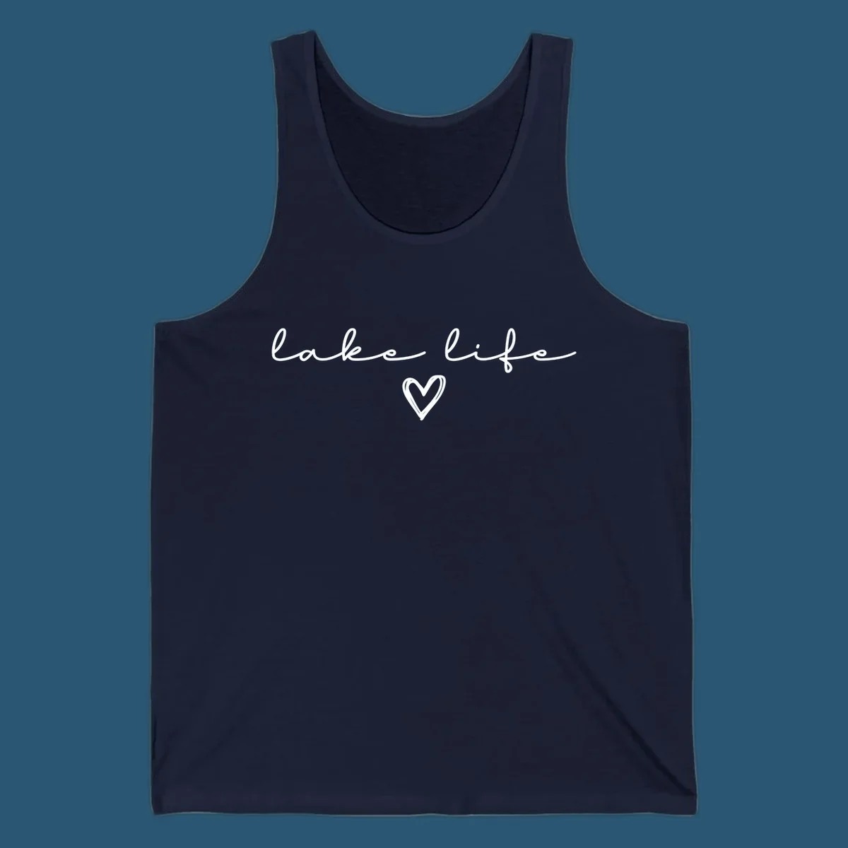 Lake life text with a heart graphic, in white and navy.