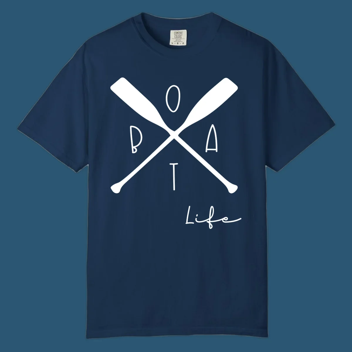 Boat life design with crossed oars and text, featuring the words BOAT and Life.