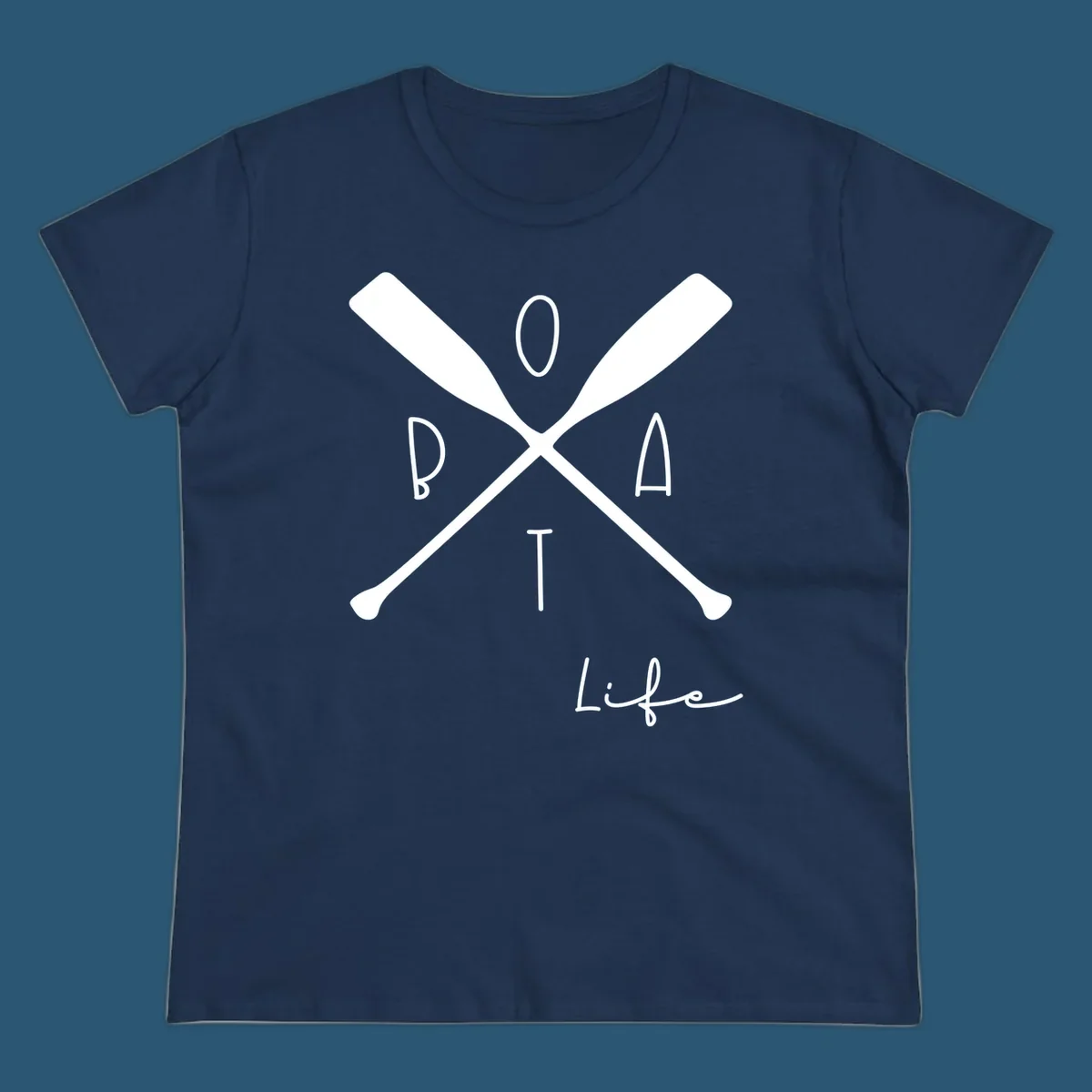 Boat life design with crossed oars and text, featuring the words BOAT and Life.