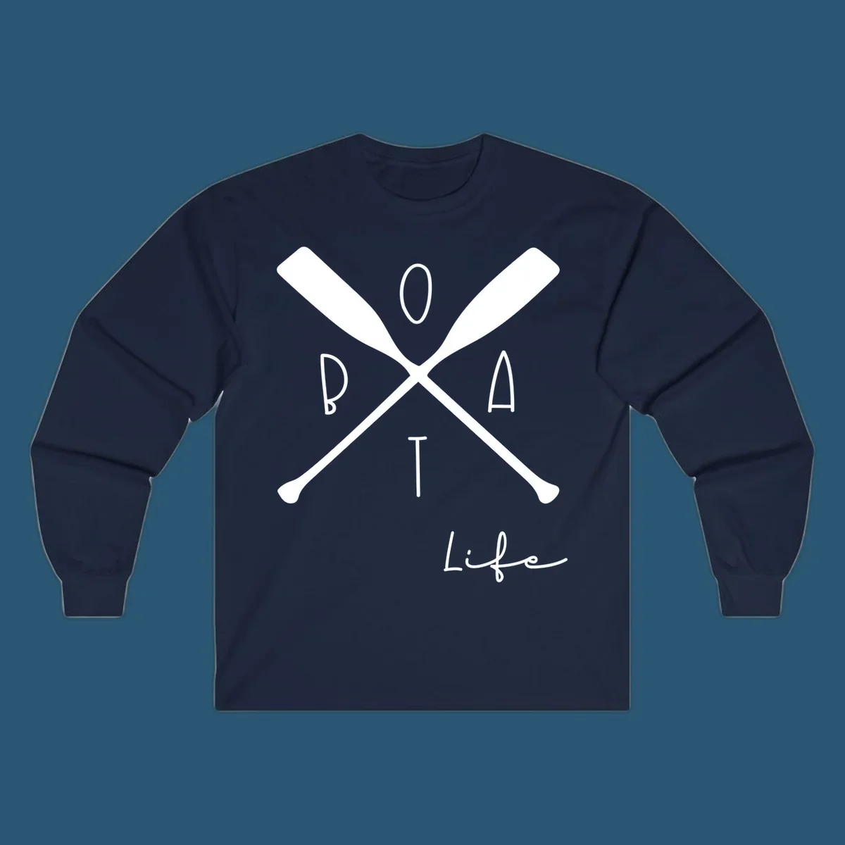 Boat life design with crossed oars and text, featuring the words BOAT and Life.