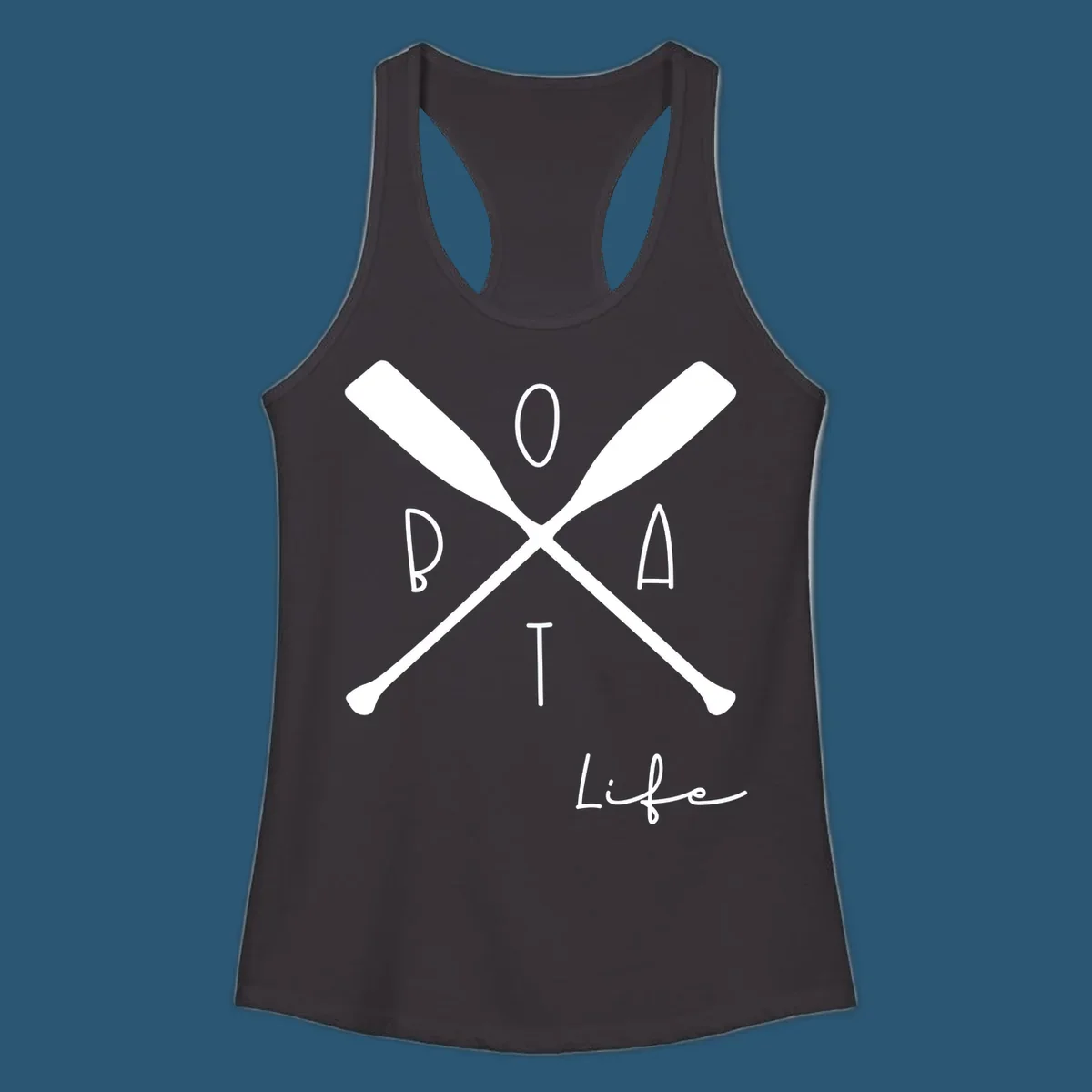 Boat life design with crossed oars and text, featuring the words BOAT and Life.