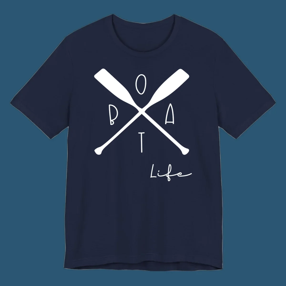 Boat life design with crossed oars and text, featuring the words BOAT and Life.