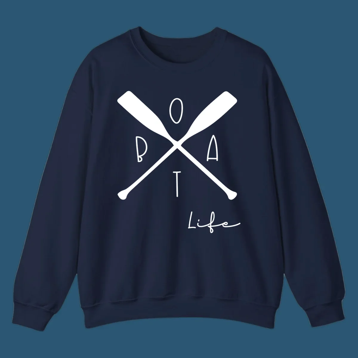 Boat life design with crossed oars and text, featuring the words BOAT and Life.