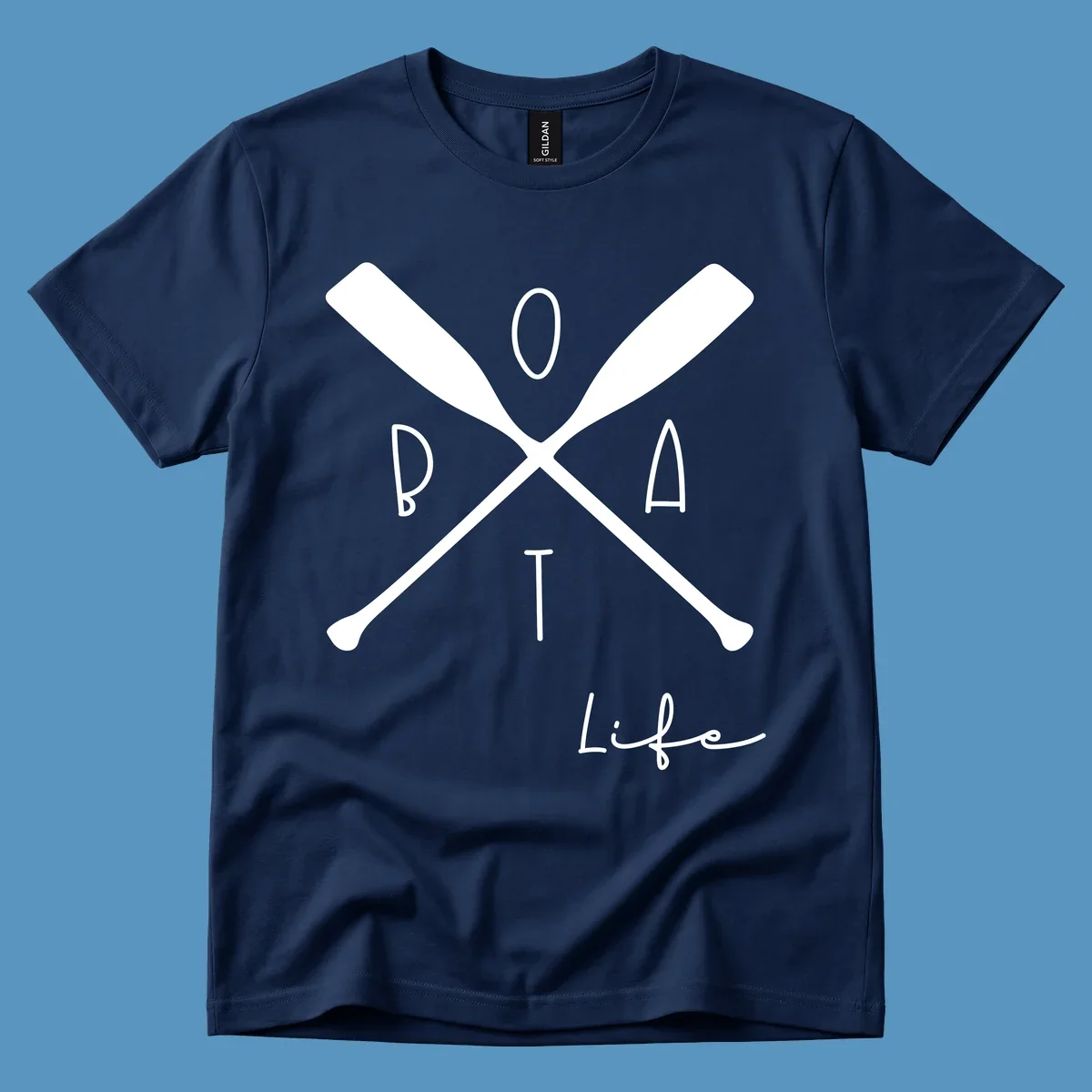 Boat life design with crossed oars and text, featuring the words BOAT and Life.