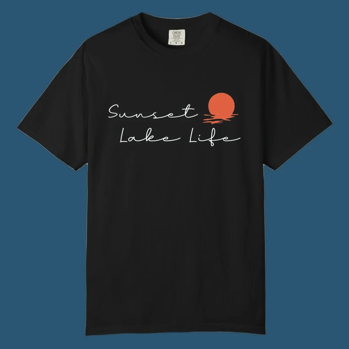 Sunset Lake Life script design with a setting sun over water. Sunset-lake-life.