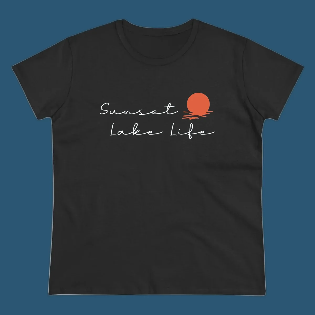 Sunset Lake Life script design with a setting sun over water. Sunset-lake-life.