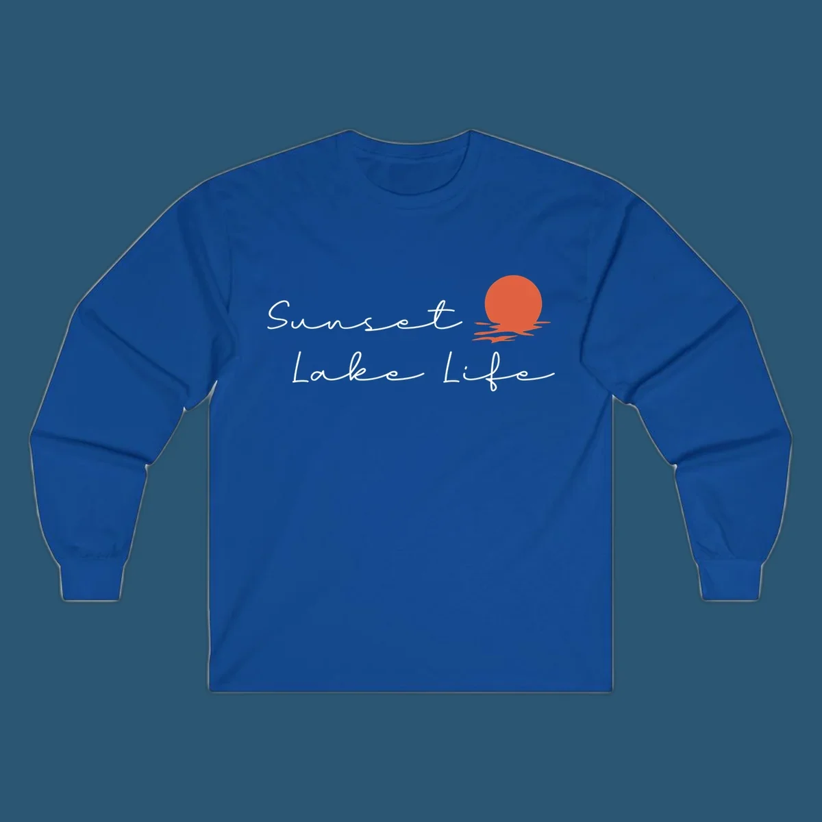 Sunset Lake Life script design with a setting sun over water. Sunset-lake-life.