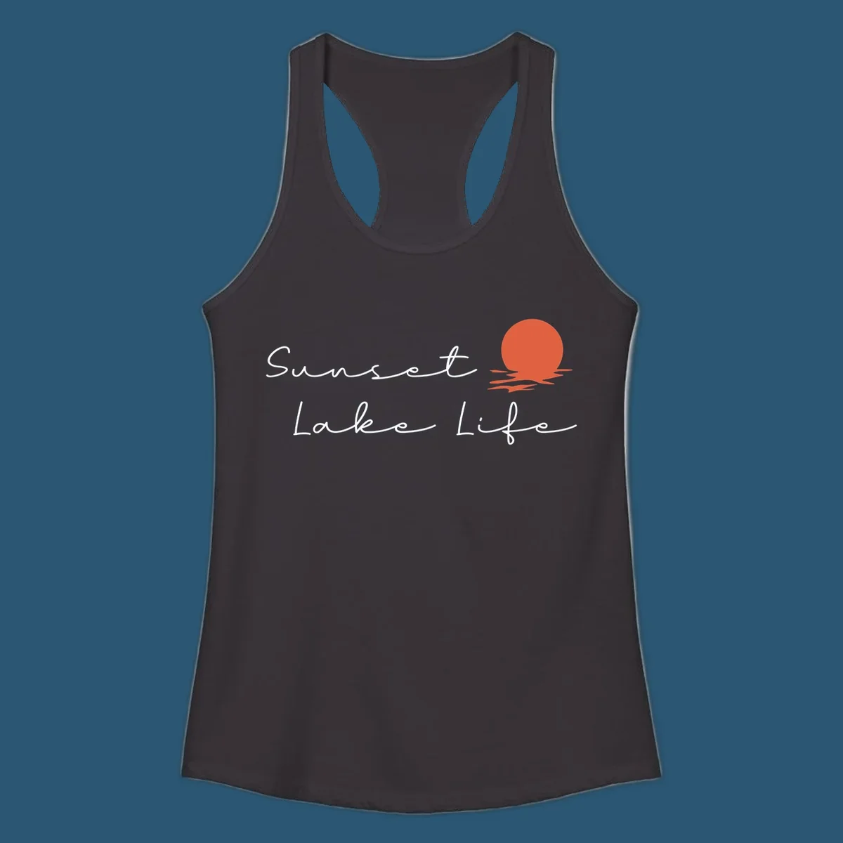 Sunset Lake Life script design with a setting sun over water. Sunset-lake-life.