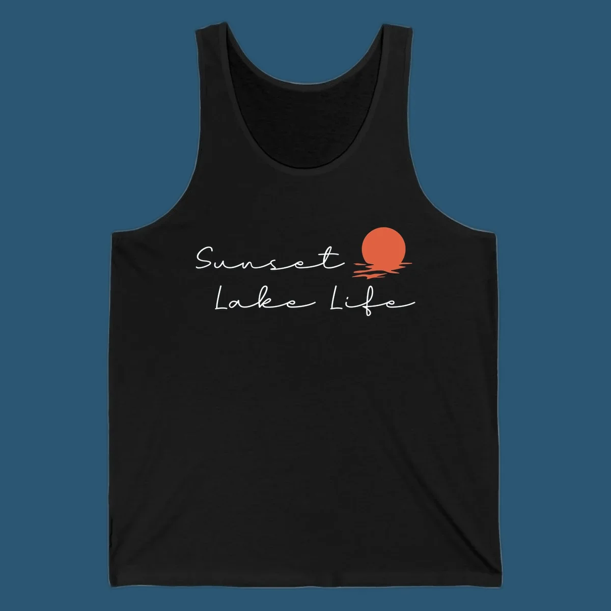 Sunset Lake Life script design with a setting sun over water. Sunset-lake-life.