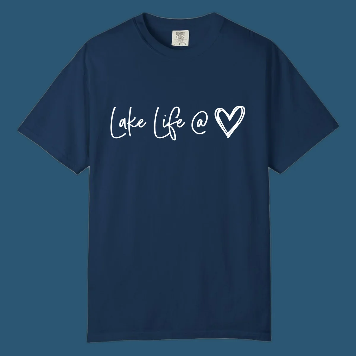 Lake life heart graphic in navy and white.
