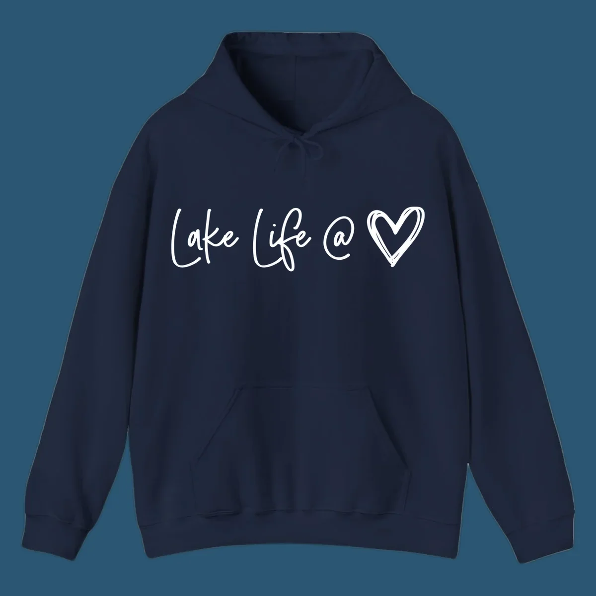 Lake life heart graphic in navy and white.