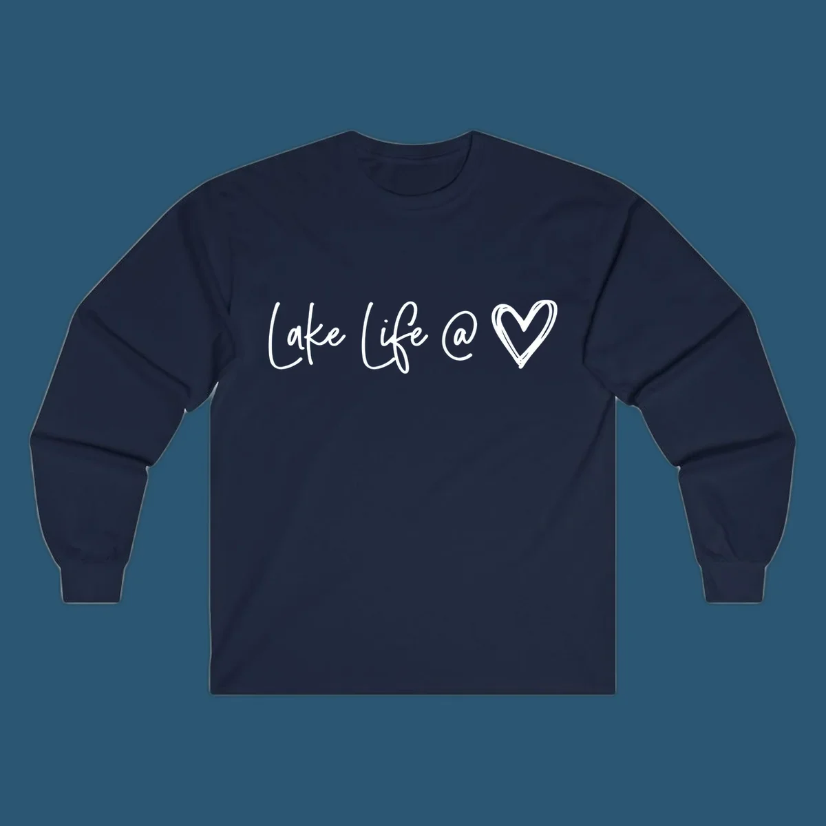 Lake life heart graphic in navy and white.