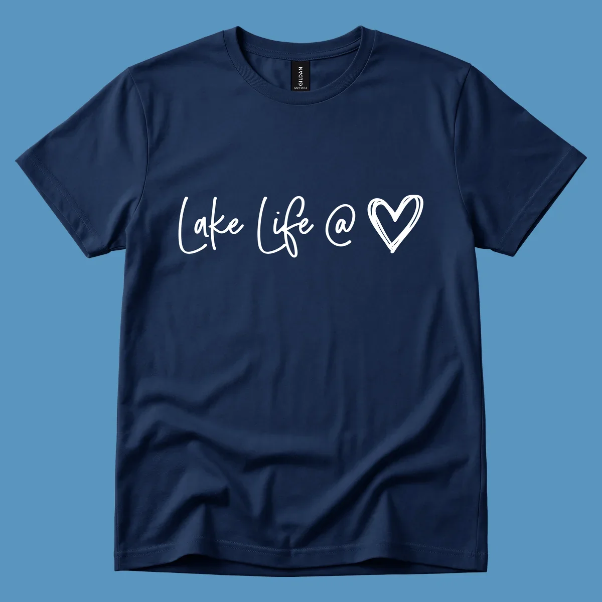 Lake life heart graphic in navy and white.