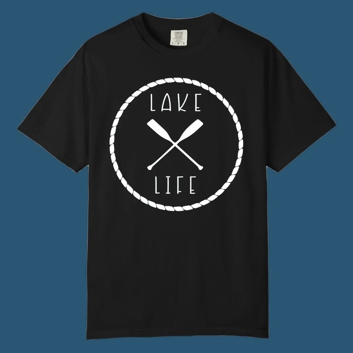 Lake life badge with crossed oars, rope border, and text 'LAKE LIFE'.