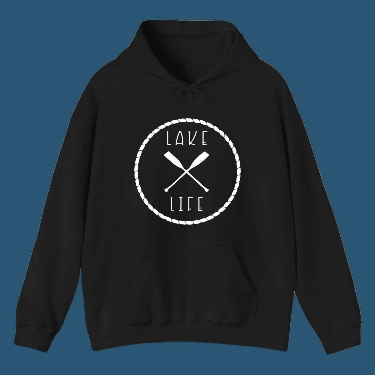 Lake life badge with crossed oars, rope border, and text 'LAKE LIFE'.