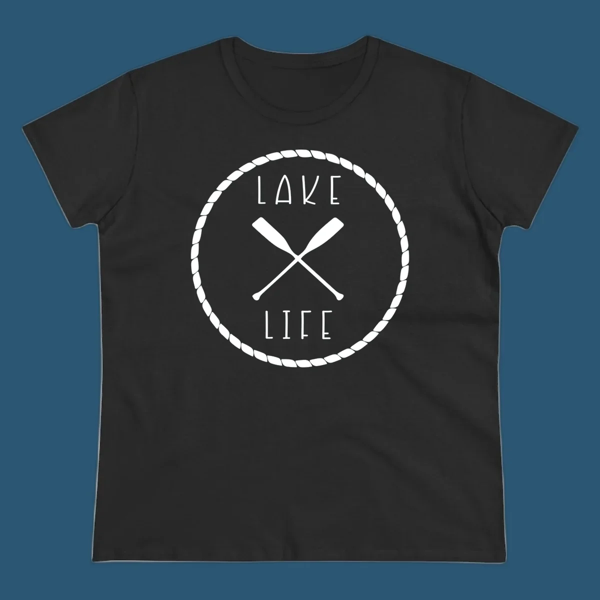 Lake life badge with crossed oars, rope border, and text 'LAKE LIFE'.