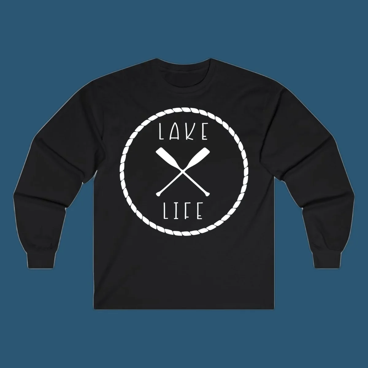 Lake life badge with crossed oars, rope border, and text 'LAKE LIFE'.