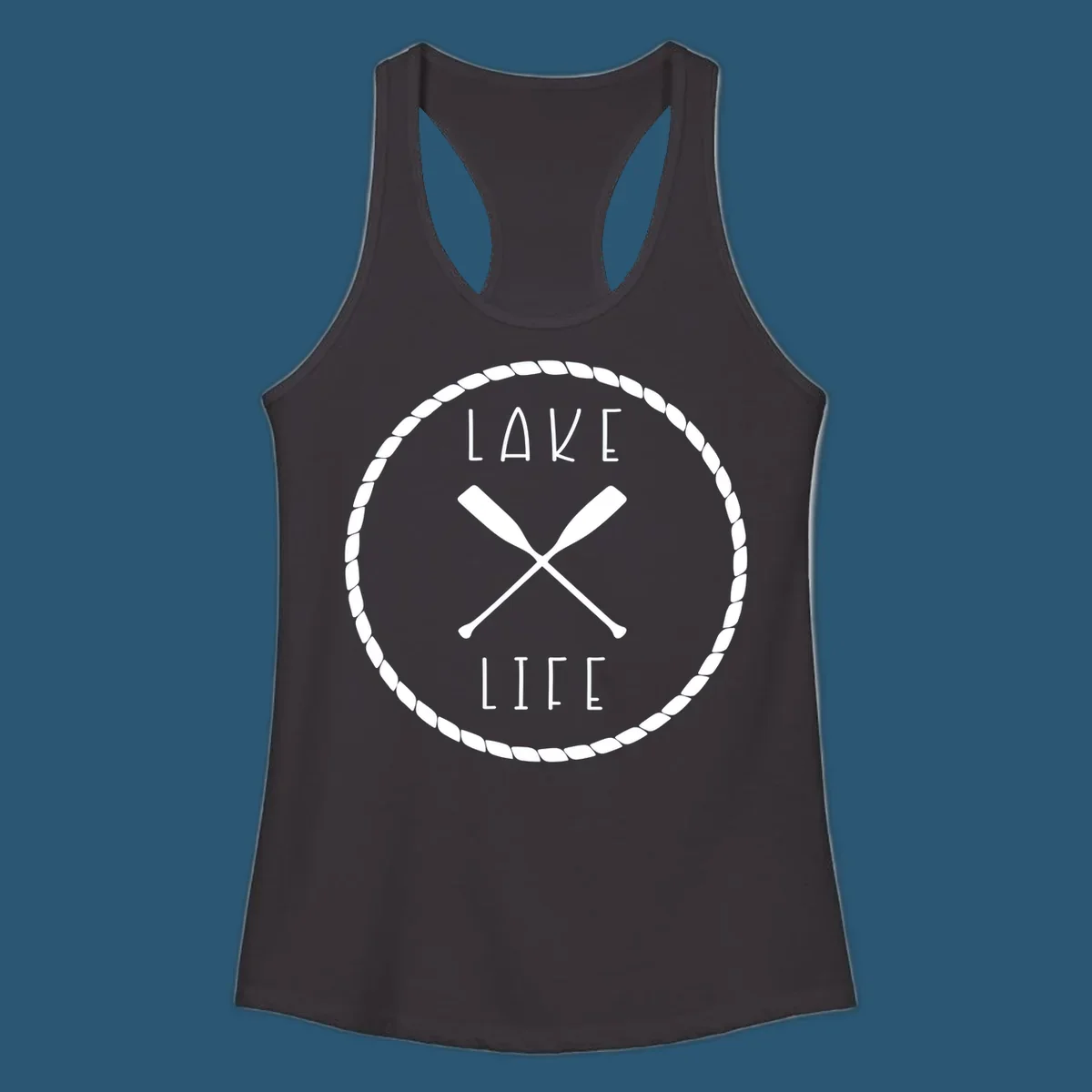 Lake life badge with crossed oars, rope border, and text 'LAKE LIFE'.