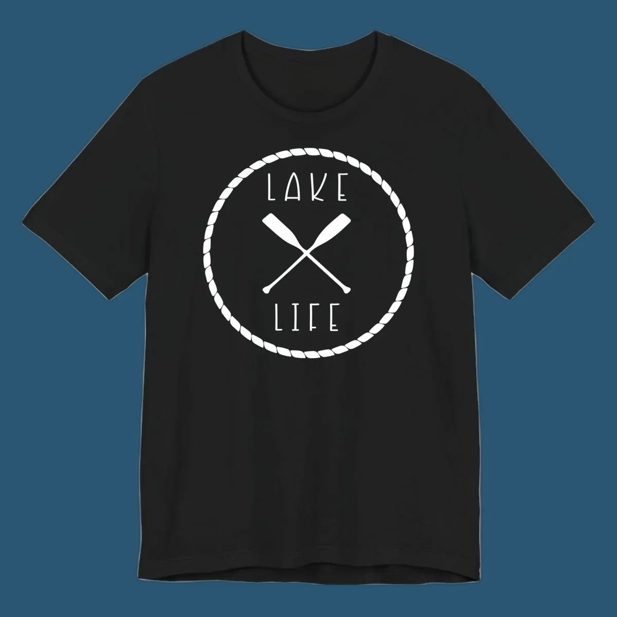Lake life badge with crossed oars, rope border, and text 'LAKE LIFE'.
