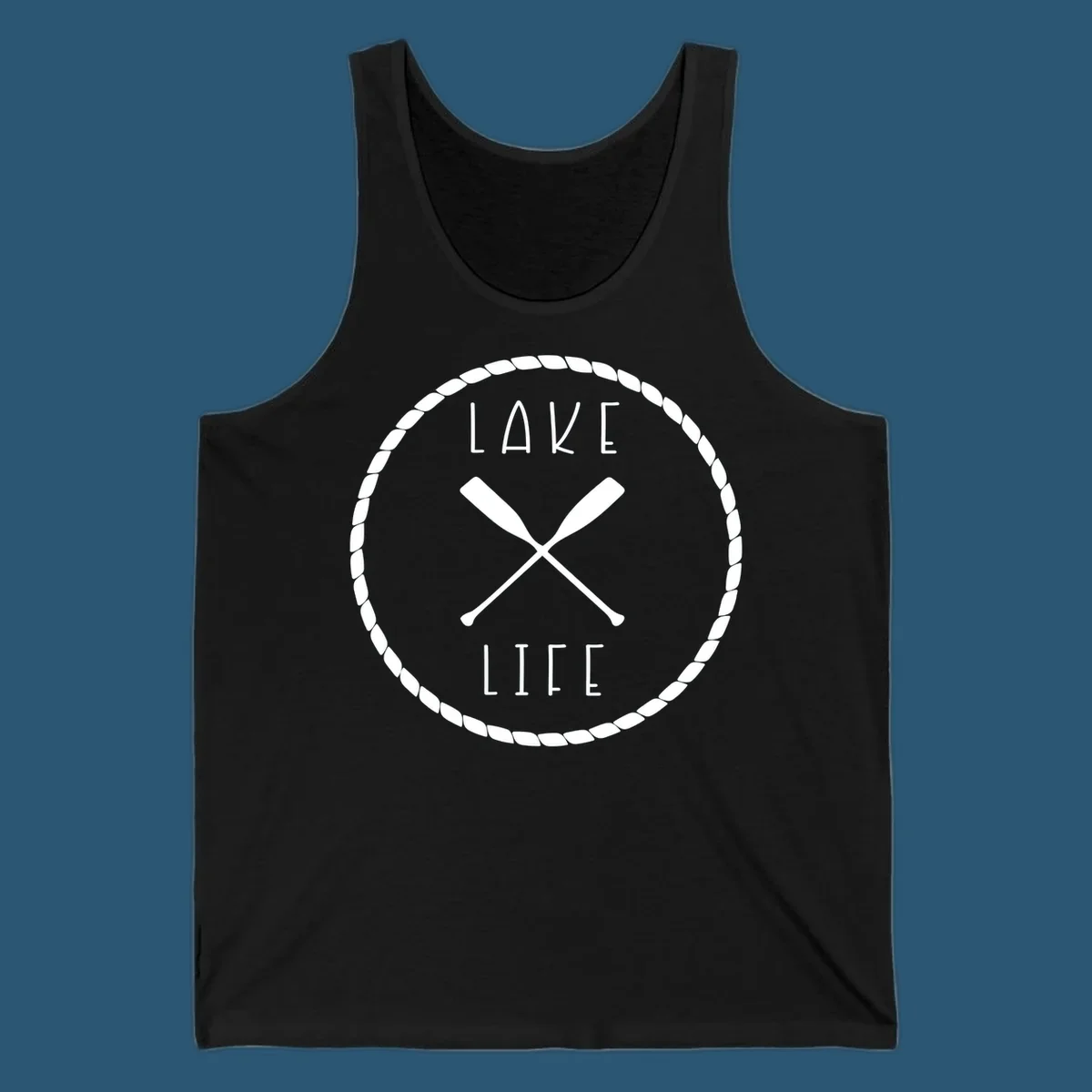 Lake life badge with crossed oars, rope border, and text 'LAKE LIFE'.