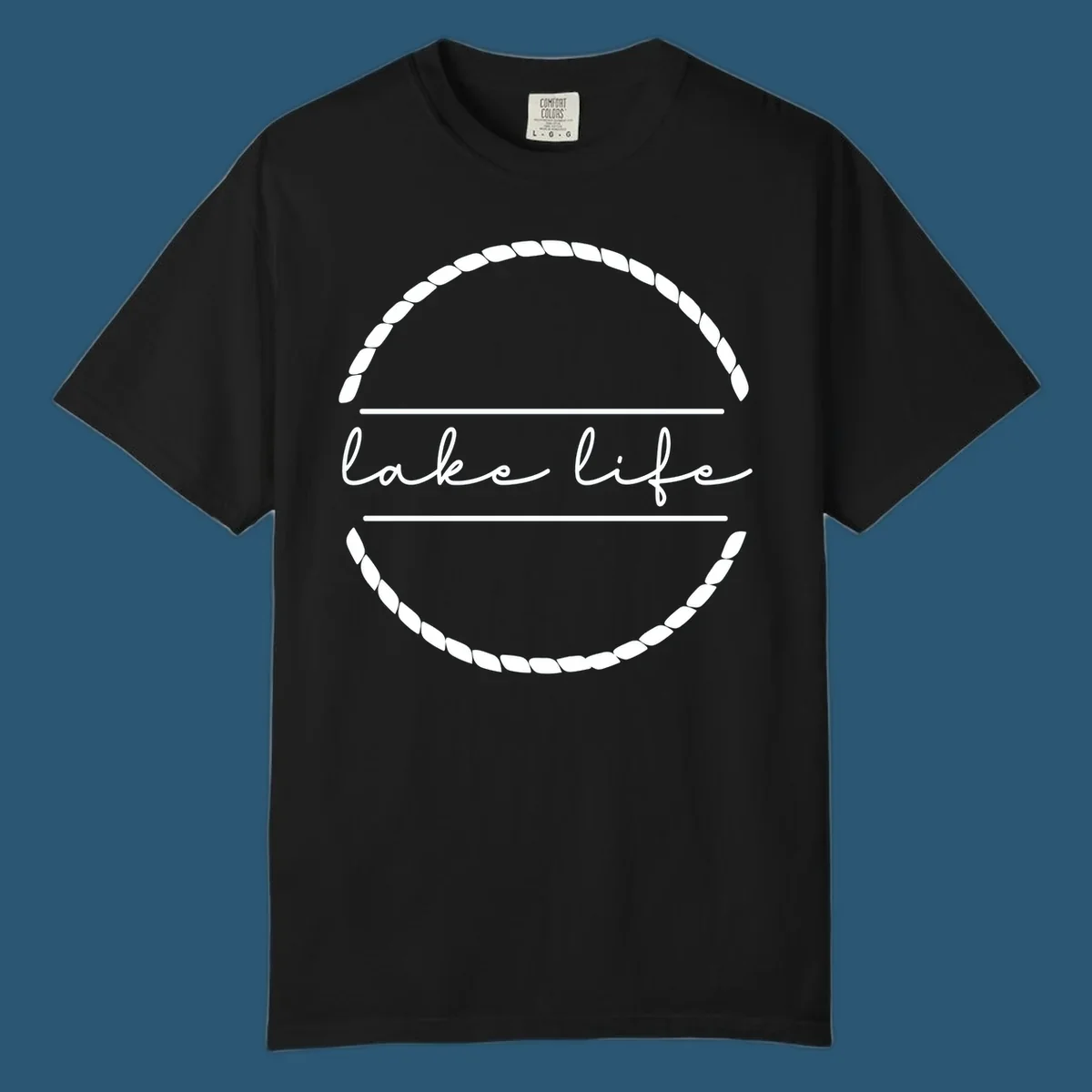 Lake life script text within a rope circle border. lake-life-script.