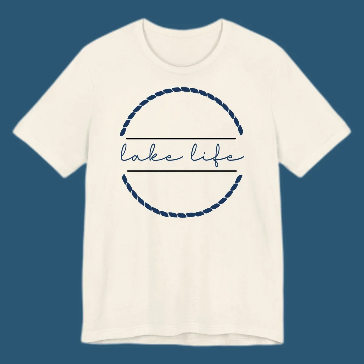 Lake life script text within a rope circle border. lake-life-script.