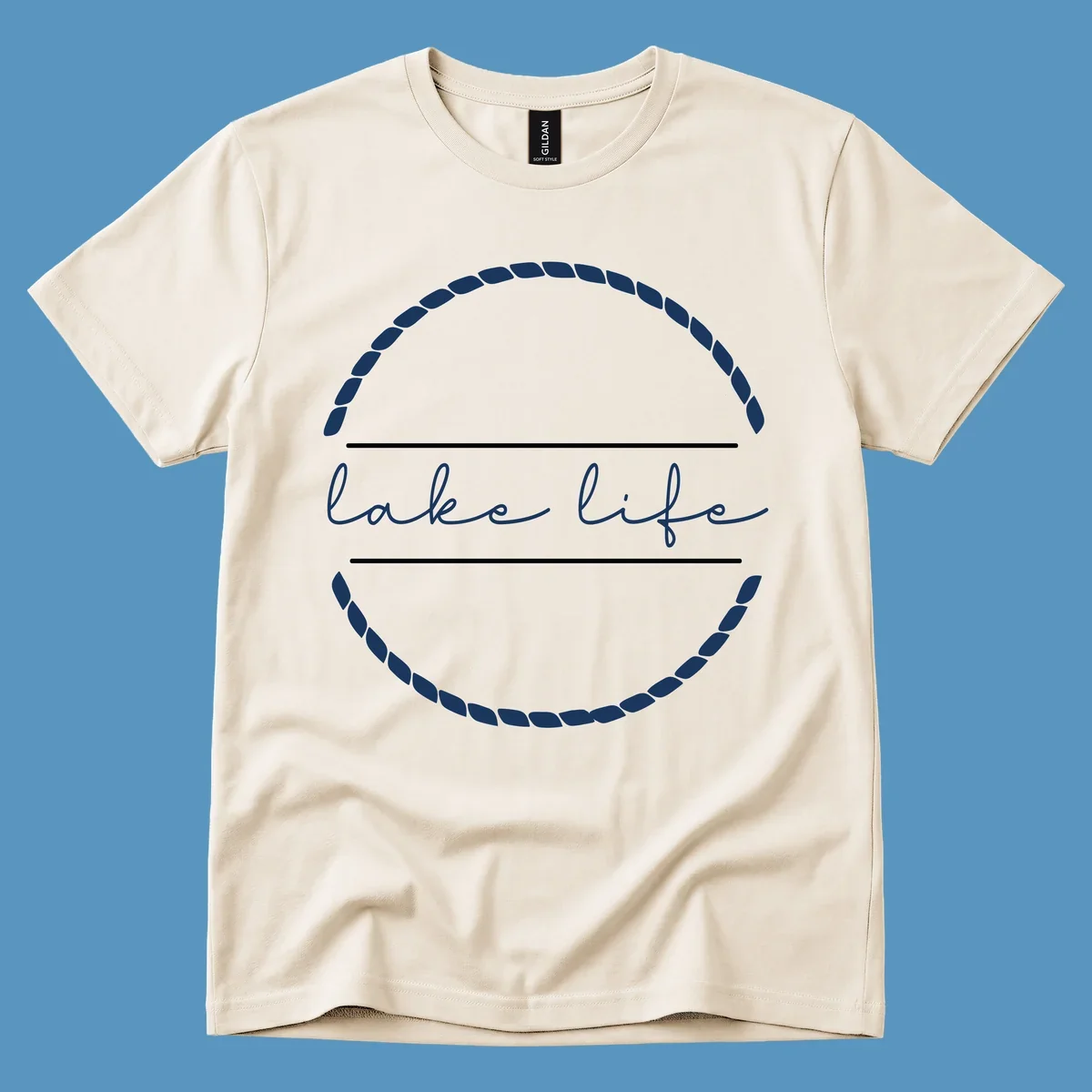Lake life script text within a rope circle border. lake-life-script.
