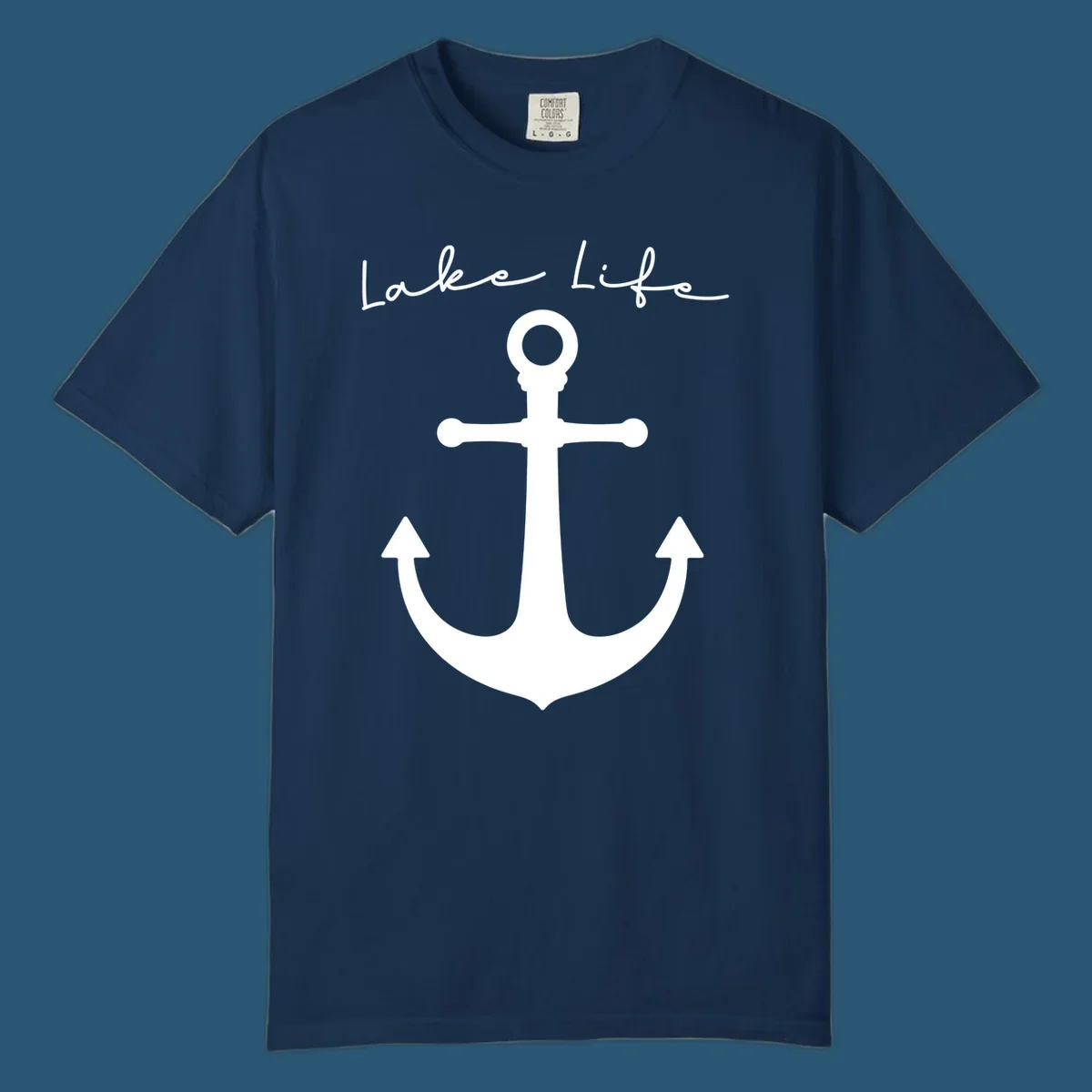 Lake life text with a white anchor graphic.