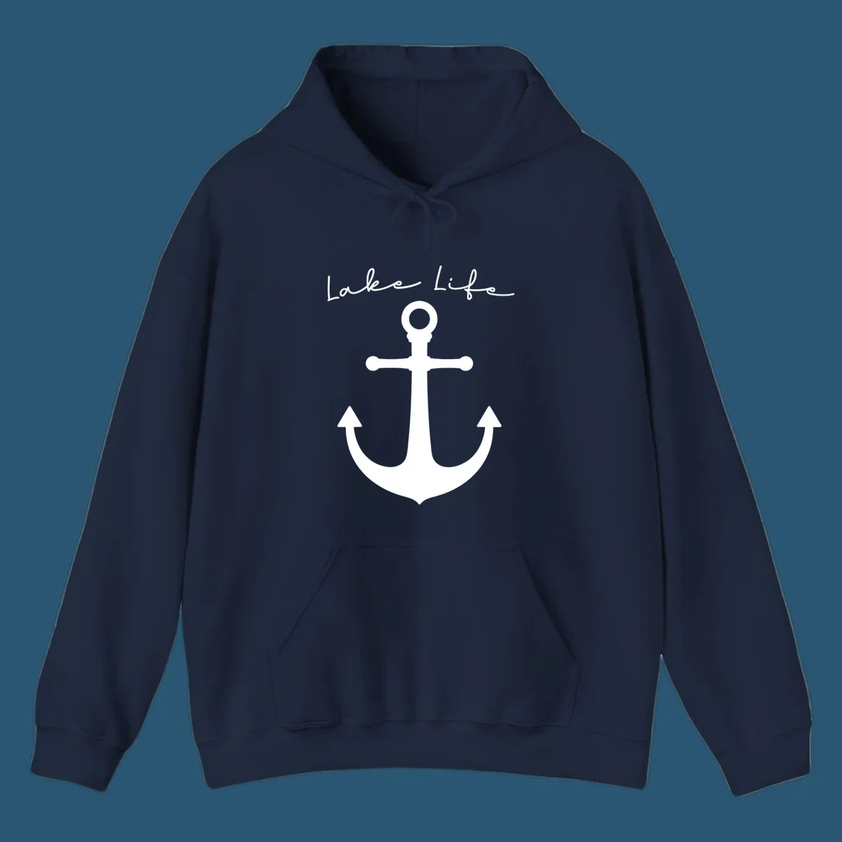 Lake life text with a white anchor graphic.