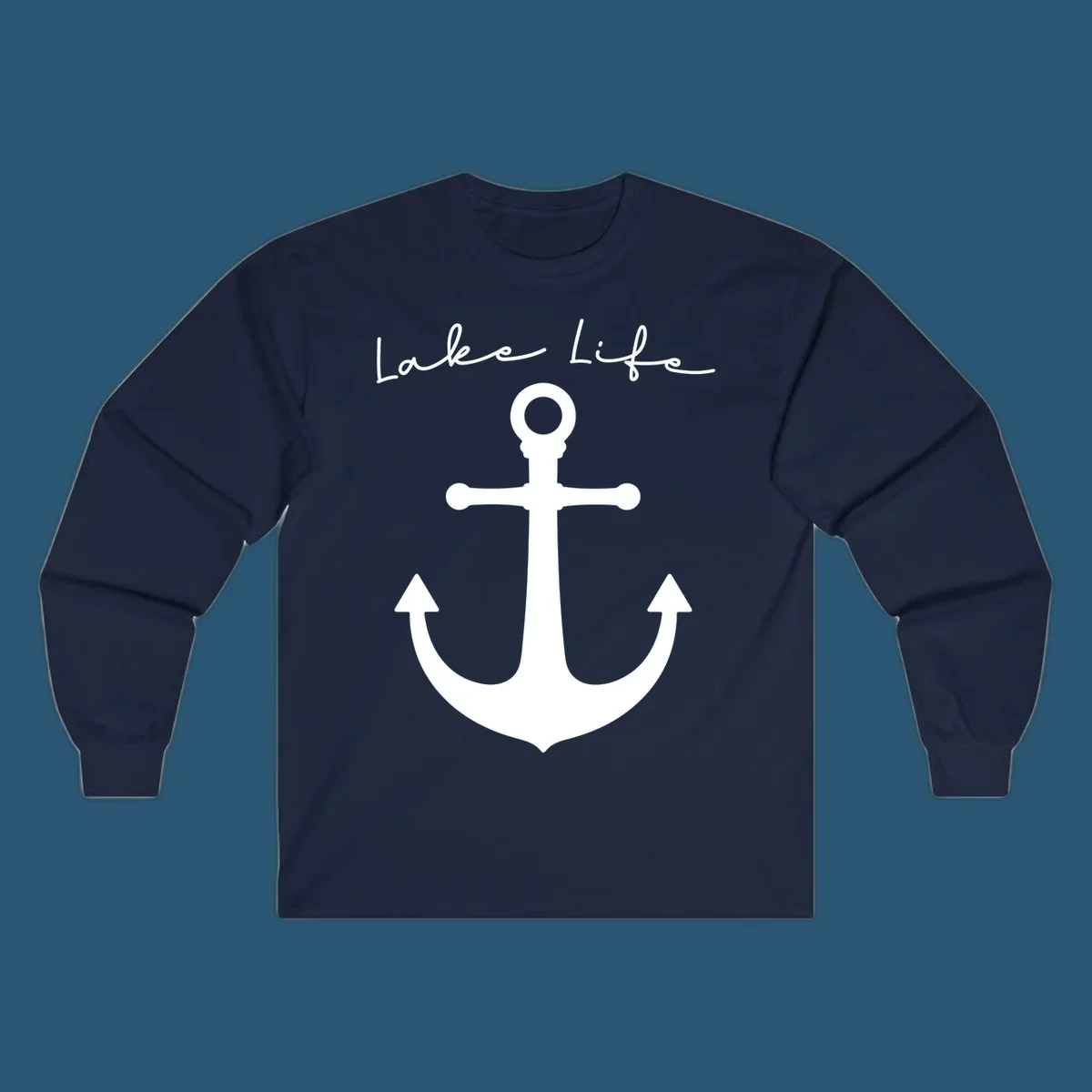 Lake life text with a white anchor graphic.