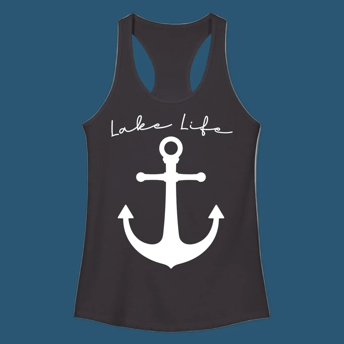 Lake life text with a white anchor graphic.