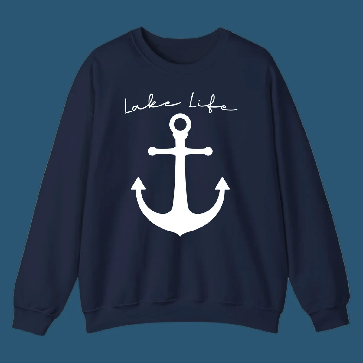 Lake life text with a white anchor graphic.